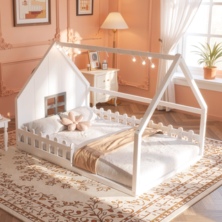 Sunvega Full Size Wood House Bed with Fence Window and LED Lights