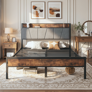 Sunvega Full Size Bed Frame with Storage Headboard and Charging Station Outlets