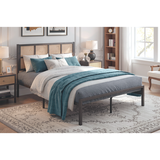 Sunvega White Faux Cane Panel Headboard King Platform Bed with Metal Frame