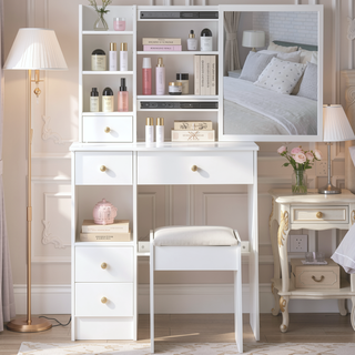 Sunvega Small Size Left Drawer Vanity Table with Adjustable LED Mirror and Stool