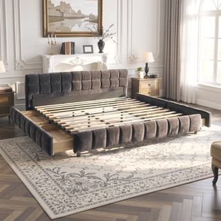 Sunvega California King Size Upholstered Bed with Storage Drawers and Soft Chenille Fabric Headboard