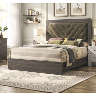 Sunvega Queen Size Upholstered Bed with V Shaped Headboard in Gray Finish
