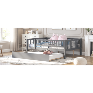 Sunvega Natural Twin Size Wood Daybed with Trundle and Fence Guardrails
