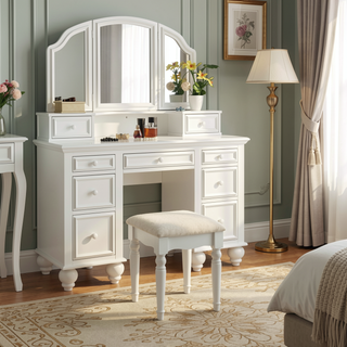 Sunvega Transitional White Vanity Set with Stool Knob Handles Storage Drawers