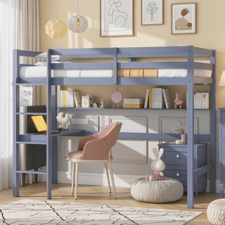Sunvega Pink Rubber Wood Twin High Loft Bed with Safety Guardrail and Built-in Desk