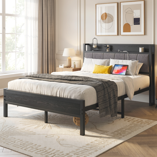 Sunvega Full Size Bed Frame with Storage Headboard and Charging Station Outlets