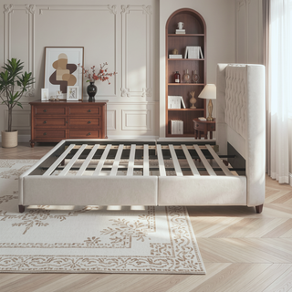 Sunvega Manhattan Shelter King Platform Bed Frame with Wingback Headboard in Light Beige Linen