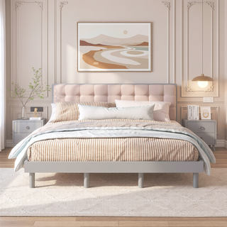 Sunvega Modern Floating Platform Bed Frame in Walnut with Sturdy Wood Construction