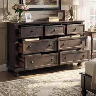 Sunvega Grayish Brown Wooden Dresser with 7 Dovetail Drawers and Antique Pewter Knobs