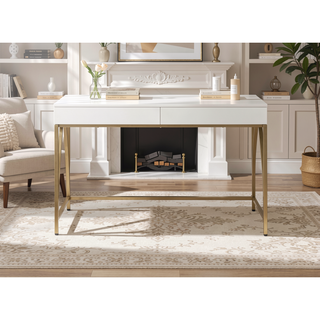 Sunvega White High Gloss Vanity Desk with Gold Finish and 2 Storage Drawers