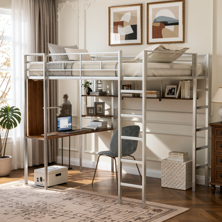 Sunvega Full Size Metal Loft Bed with Desk and 2 Shelves White