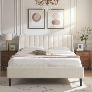 Sunvega Handmade Vertical Tufted Headboard Platform Bed Set in Light Beige Linen