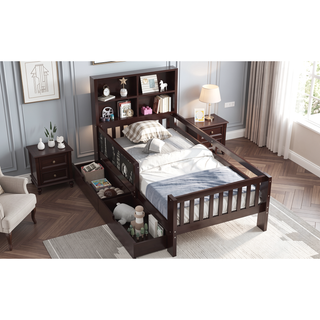 Sunvega Twin Solid Wood Platform Bed with Chalkboard Headboard and Storage Drawers