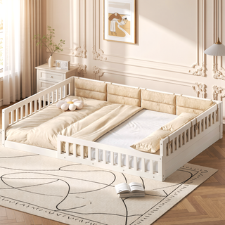 Sunvega Beige Full Size Upholstered Wood Platform Bed with Guardrail and Pillow