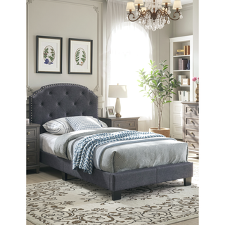 Sunvega Queen Size Charcoal Burlap Button Tufted Headboard Bed with Nailhead Trim