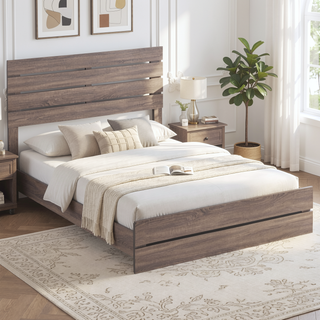 Sunvega Geary Barrel Oak Panel Eastern King Bed with Slat Structure