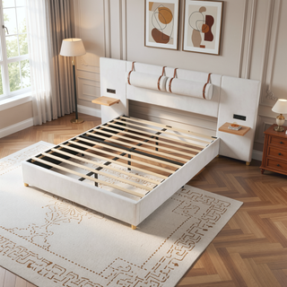 Sunvega Queen Size Upholstered Velvet Platform Bed with USB Charging Ports and Storage Shelves