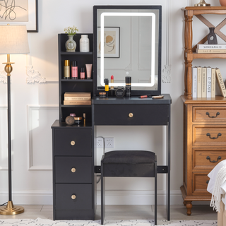 Sunvega Small Space Left Bedside Cabinet Vanity Table with Cushioned Stool and Sliding Mirror