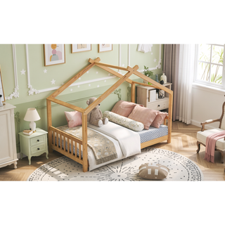 Sunvega Natural Wood Full Size House Platform Bed with Two Storage Drawers