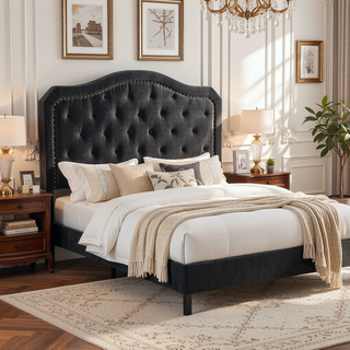 Sunvega King Size Upholstered Platform Bed with Button Tufted Linen Headboard
