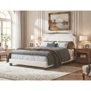 Sunvega Upholstered Platform Bed with Padded Headboard and Nailhead Trim Accents