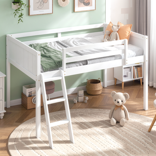 Sunvega White Full Size Low Loft Wood Bed with Convertible Left or Right Ladder