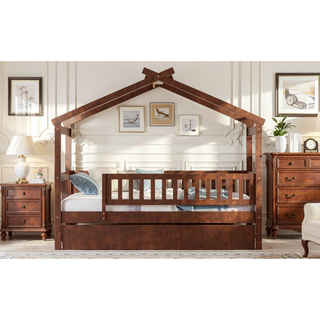 Sunvega Twin Size Wooden House Bed with Trundle and Headboard in Walnut