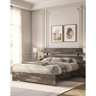 Sunvega Rustic Queen Platform Bed Slat Headboard with Brown Finish Wood Veneers