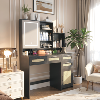 Sunvega Makeup Vanity with 3 Color Lights Openable Mirror 4 Drawers Rattan Dresser
