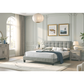 Sunvega Modern Light Gray Upholstered Tufted Headboard California King Platform Bed