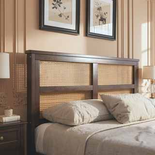 Sunvega Full Size Bed with Rattan Headboard Two Storage Drawers and Enhanced Support Slats