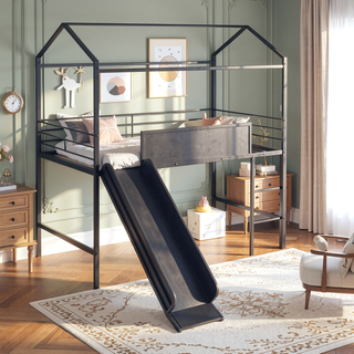 Sunvega Twin Size Metal Loft Bed with Slide and Two-Sided Writable Wooden Board