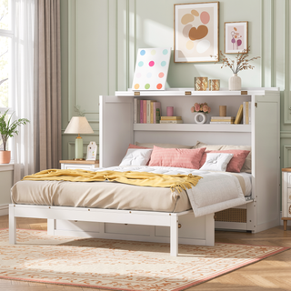 Sunvega Full Size White Murphy Bed with Large Drawers for Smart Space Utilization