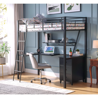 Sunvega Twin Loft Bed with Reversible Ladder Desk and Guardrail for Space Saving