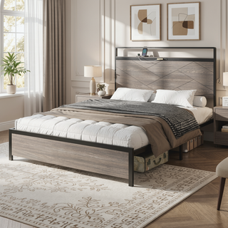 Sunvega Modern Wood and Metal Platform Bed Frame with LED Headboard USB Charging