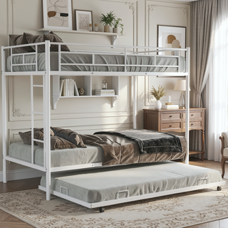 Sunvega Twin over Twin Bunk Bed with Trundle in White for Small Spaces