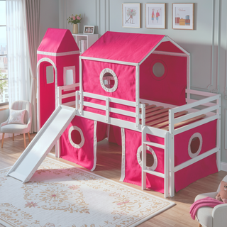 Sunvega Sturdy Pink Twin Size Loft Bed with Slide Tower and Playhouse Design