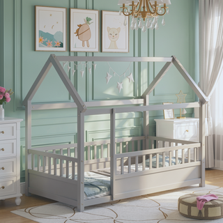 Sunvega Twin Size Floor Wooden Bed with House Roof Frame and Fence Guardrails
