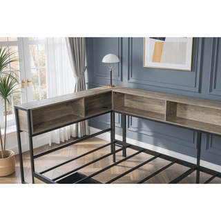 Sunvega Twin Corner Bed Frame with Bookcase Storage Drawers LED Lights Charging
