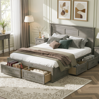 Sunvega Antique Natural Queen Size Platform Bed with 6 Spacious Storage Drawers