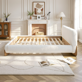 Sunvega Modern Puffy Platform Bed with Arched Headboard in Ivory White Boucle