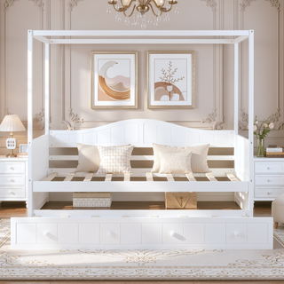 Sunvega Modern White Twin Size Canopy Day Bed with Trundle for Space Saving
