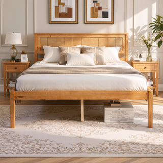 Sunvega Sturdy Wood Platform Bed Frame with Headboard for Queen Size Oak Finish