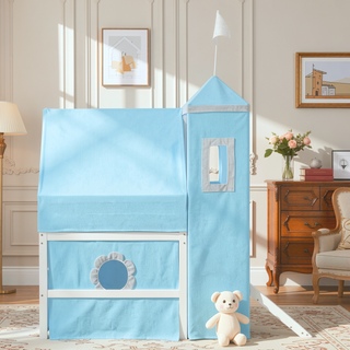 Sunvega Twin Size Loft Bed with Slide Blue Tent and Playhouse Tower for Kids