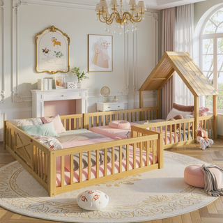Sunvega Full Size House Floor Bed with Door and Full-Length Guardrails for Kids