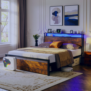 Sunvega Queen Size RGB LED Bed Frame with Storage Headboard and Charging Station