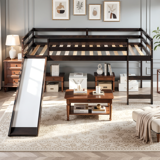 Sunvega Twin Size Wood Loft Bed with Slide Ladder and Guard Rails for Safety