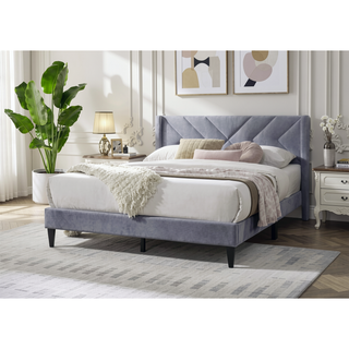 Sunvega Modern Gray Velvet Upholstered Queen Size Bed with Clean Lines Headboard