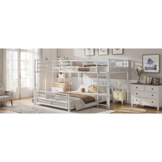 Sunvega L-Shaped Metal Twin Over Full Bunk Bed with Guard Rails