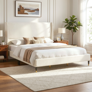 Sunvega King Beige Velvet Wingback Platform Bed with Low Profile Design